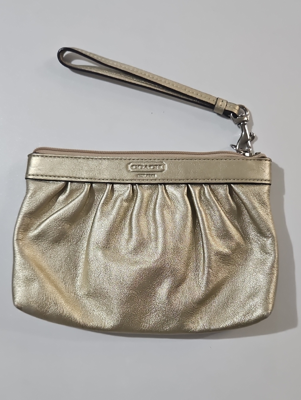Coach Gold Metallic Leather Pleated Wristlet
